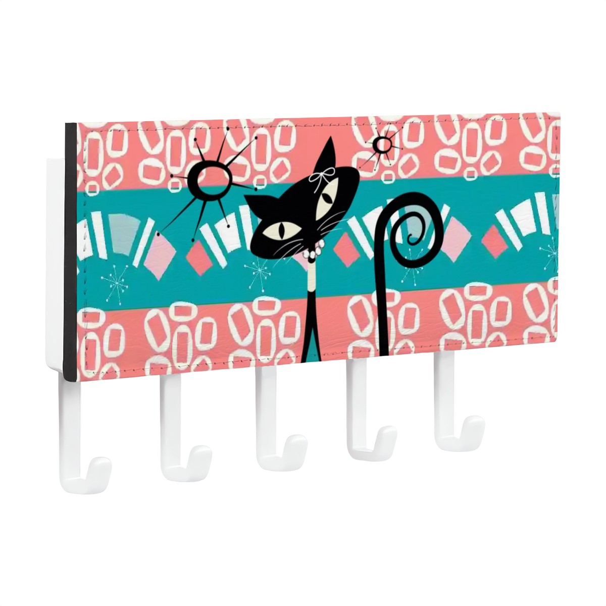 Mid Century Modern Atomic Kitschy Cat, Coral Teal Key Holder Wall Mount - Mid Century Modern Gal