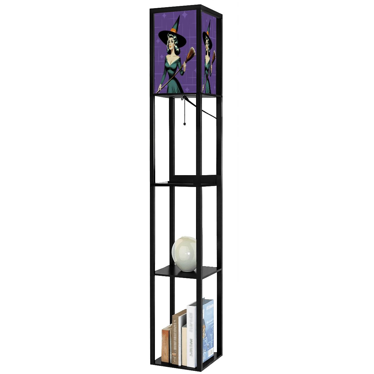 Mid Century Modern Vintage Pin Up Witch Purple Teal Halloween Lampshade for Floor Lamp with Shelves - Lampshade Only - Mid Century Modern Gal