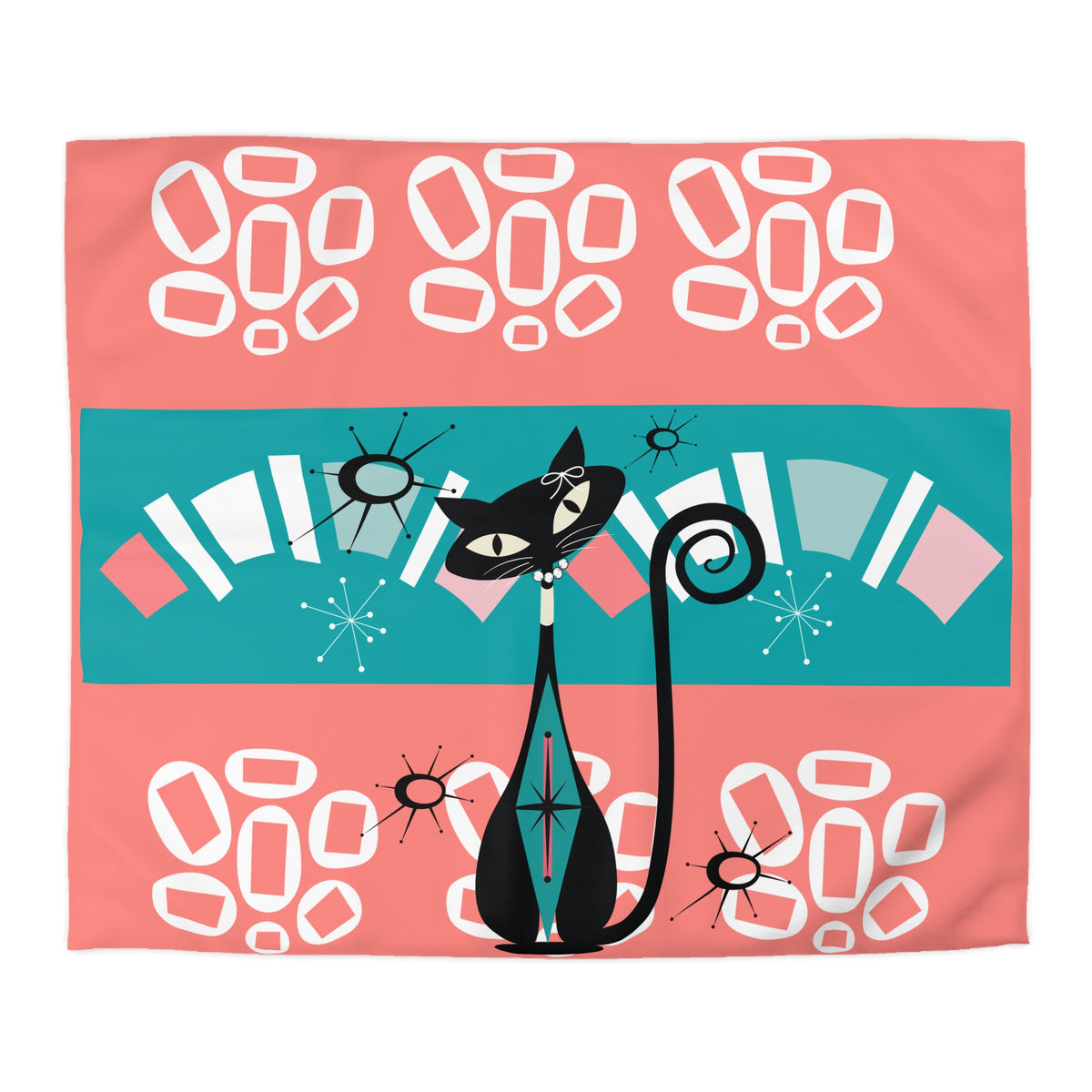 Mid Century Modern Atomic Cat, Coral, Teal, White Kitschy Funky Mod Duvet - Mid Century Modern Gal