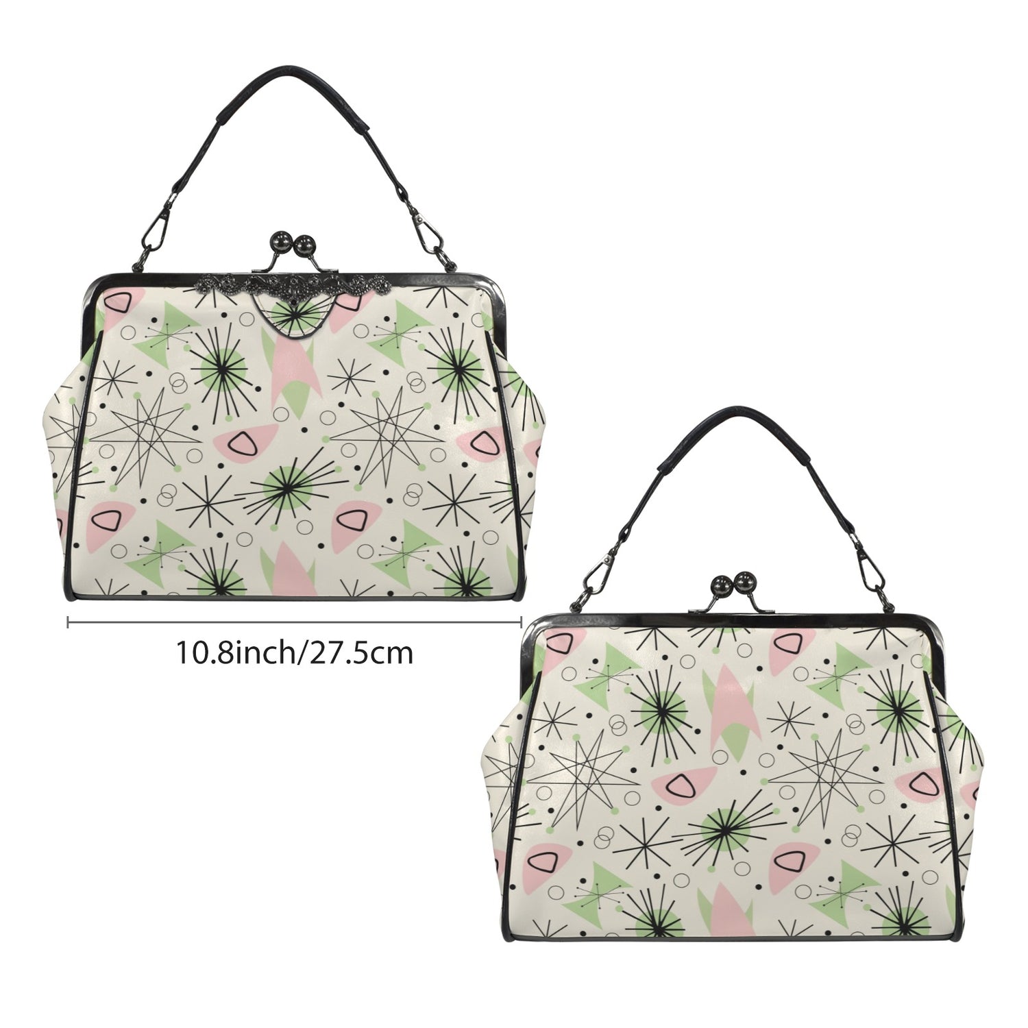 Mid Century Modern Atomic Starburst Vanilla White Pink Green Kisslock Crossbody Purse - Mid Century Modern Gal
