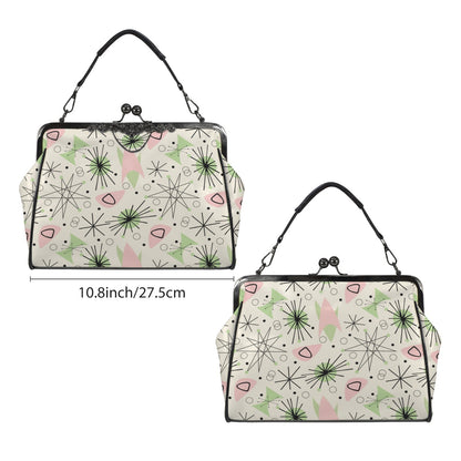 Mid Century Modern Atomic Starburst Vanilla White Pink Green Kisslock Crossbody Purse - Mid Century Modern Gal