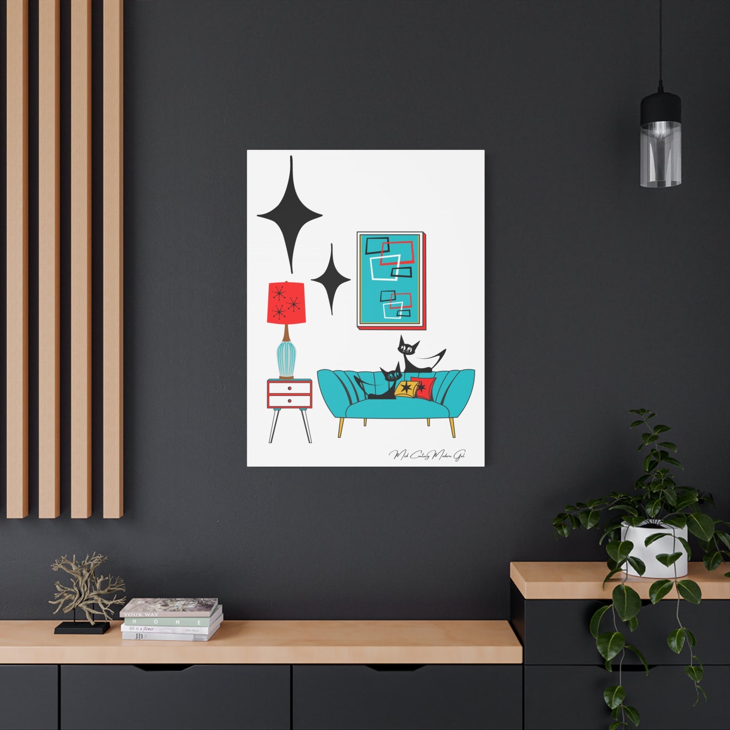 Mid Century Modern Wall Art, Atomic Cat Living Room Retro. Teal Blue, Red, Black Canvas Art - Mid Century Modern Gal