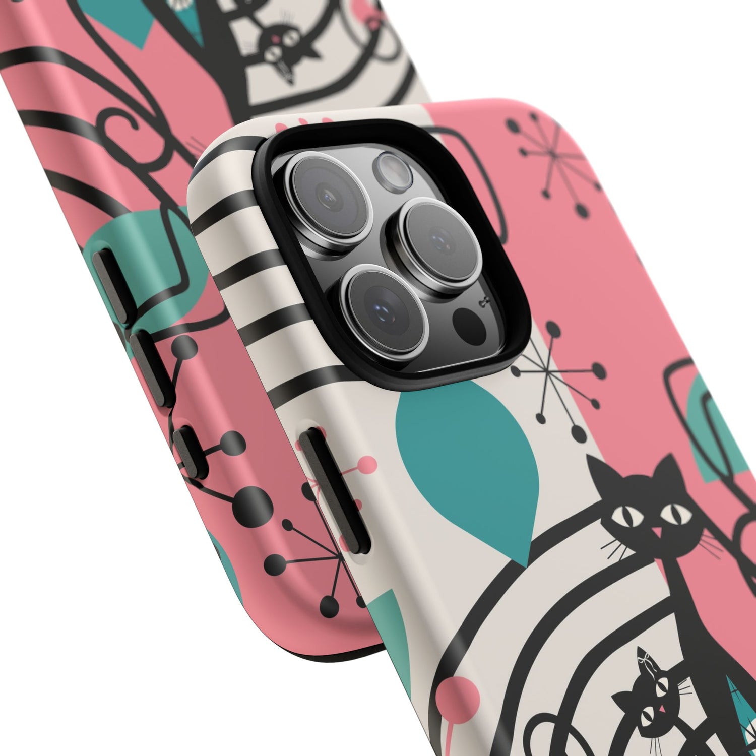 Mid Mod Atomic Cat Boomerang Starburst, Pink, Black Kitschy Stylish Cat Phone Case: Modern Design for Cat Lovers