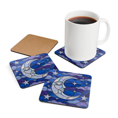 Halloween Stained Glass Style Night Sky Crescent Moon Stars Clouds Corkwood Coaster Set