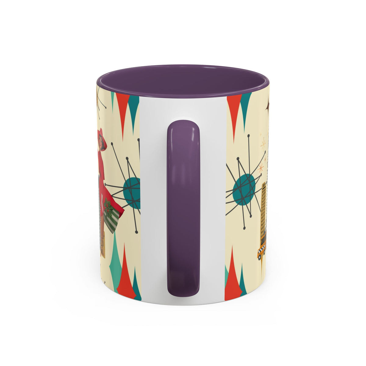 Mid Century Modern coffee mug featuring a kitschy Christmas design with vintage cityscape and starburst patterns.
