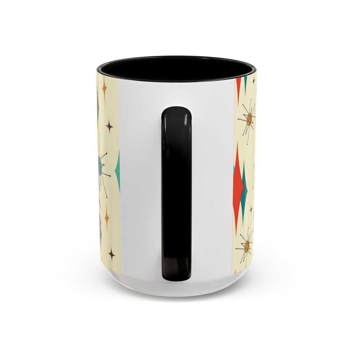 Mid Century Modern 50s Kitsch Christmas starburst coffee mug featuring retro designs in teal, orange, and gold.