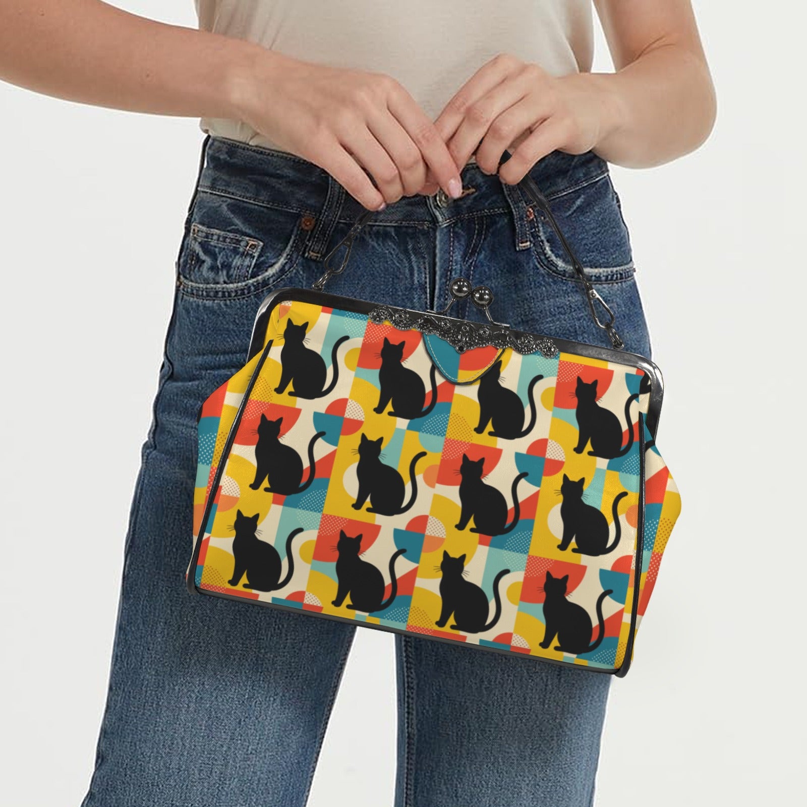 Pop Art Black Atomic Cats Kisslock Crossbody Purse