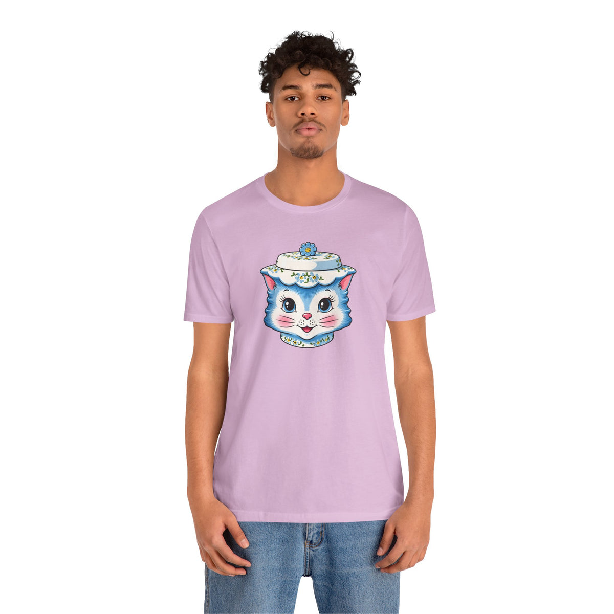 Mid Century Modern Kitschy Anthropomorphic Blue Cat with Floral Hat Unisex T-Shirt