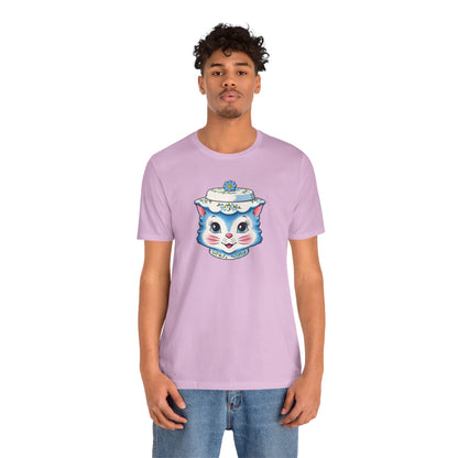 Mid Century Modern Kitschy Anthropomorphic Blue Cat with Floral Hat Unisex T-Shirt