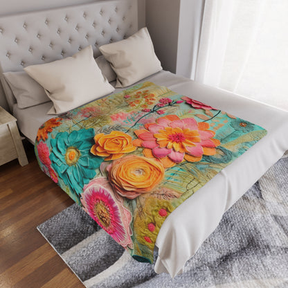 Bohemian Flower Hippie Blanket, Faux Embellished Florals, Spring, Boho Minky Blanket - Mid Century Modern Gal