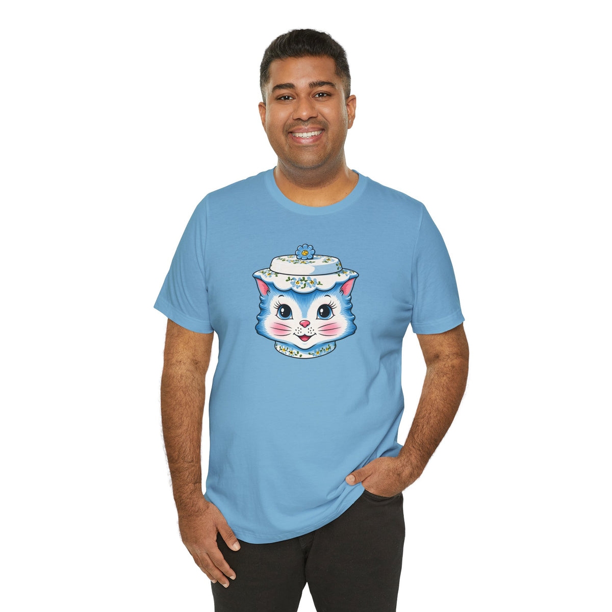 Mid Century Modern Kitschy Anthropomorphic Blue Cat with Floral Hat Unisex T-Shirt