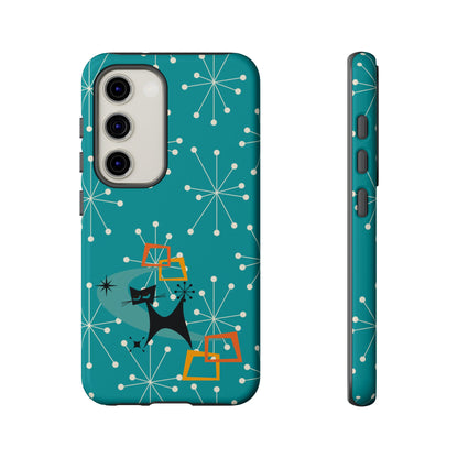 Atomic Space Cat, Starburst Blue, Retro Groovy Smart Phone Tough Phone Cases
