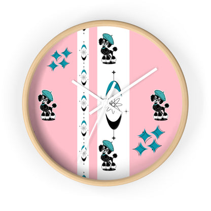 Mid Century Modern Atomic Pink Starburst Wall Clock with Cute Retro Mod Poodle Design - Mid Century Modern Gal