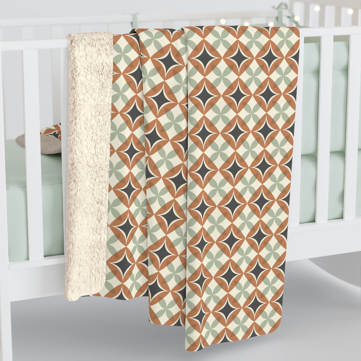 Mid Century Modern Interlocking Geometric, Terracotta Sage Charcoal Sherpa Fleece Blanket - Mid Century Modern Gal