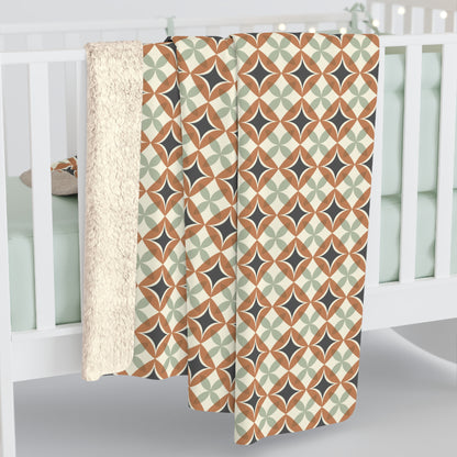 Mid Century Modern Interlocking Geometric, Terracotta Sage Charcoal Sherpa Fleece Blanket - Mid Century Modern Gal