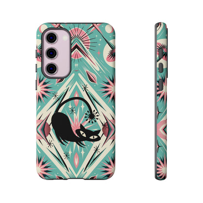 Atomic Cat, Mid Century Modern Aqua Blue, Pink, Starbursts Tough Phone Case
