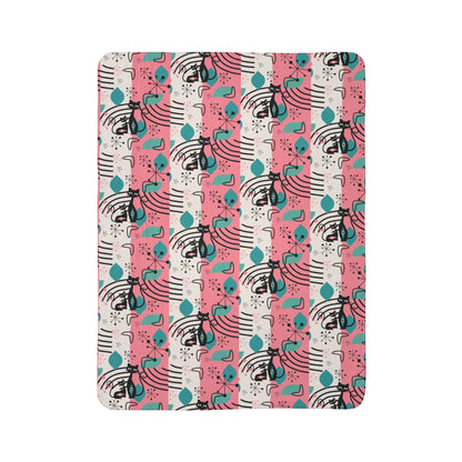 Mid-Century Modern Atomic Cat Pink Teal Retro Cat Fleece Sherpa Blanket - Cozy &amp; Stylish - Mid Century Modern Gal