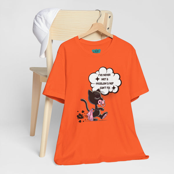 Quirky Retro Cat, Funny Mod Cat Dragging Blankie, Nap Quote Shirt Unisex Jersey Short Sleeve Tee
