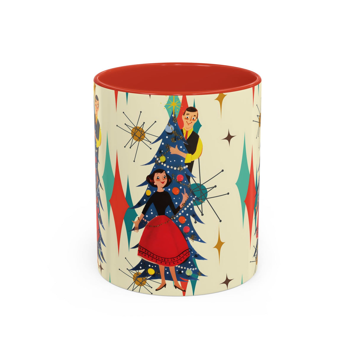 Mid Century Modern 50s Kitsch Christmas Starburst Coffee Mug featuring retro holiday design with playful characters and starbursts.