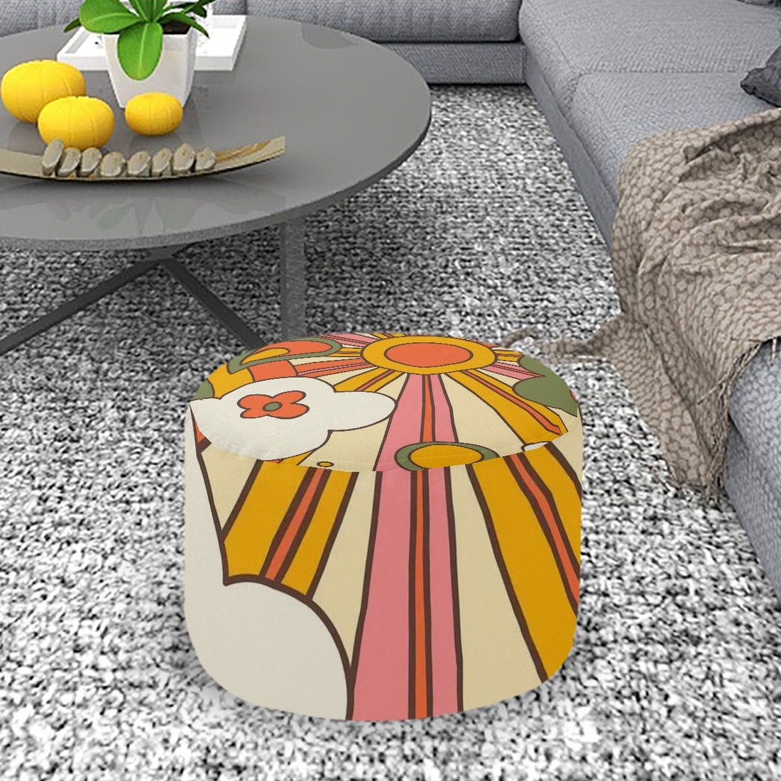 70s Retro Ray Of Sunshine Groovy Mod Round Pouf Ottoman