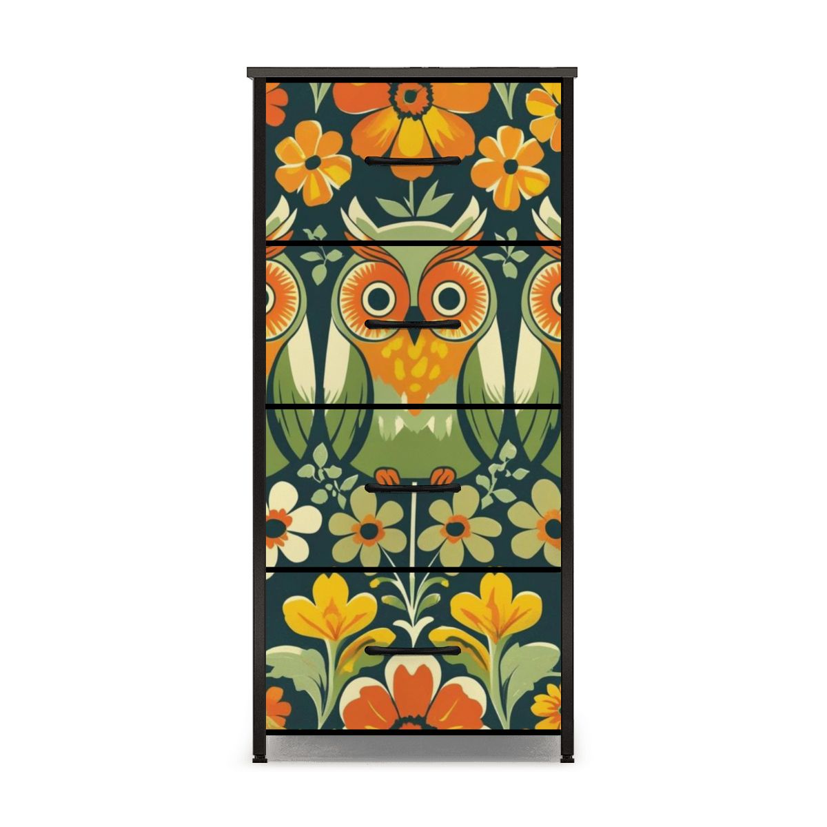 Retro Owl Flower Power Groovy 70s Floral Green, Orange Fall 4-Drawer Dresser - Mid Century Modern Gal
