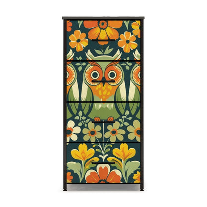 Retro Owl Flower Power Groovy 70s Floral Green, Orange Fall 4-Drawer Dresser - Mid Century Modern Gal