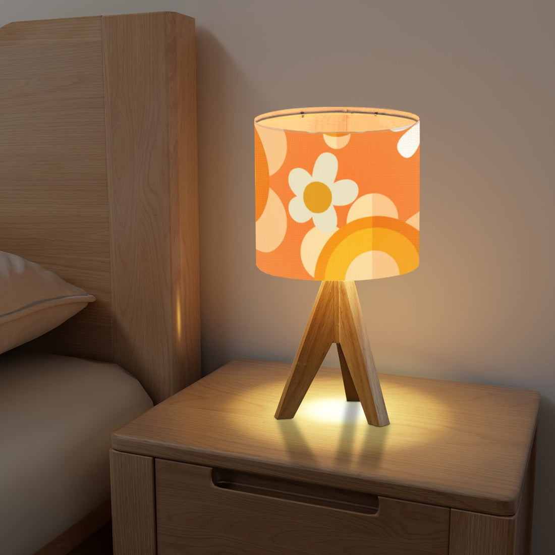 Flower Power Retro Groovy Orange, Yellow, Cream Table Tripod Lamp - Mid Century Modern Gal