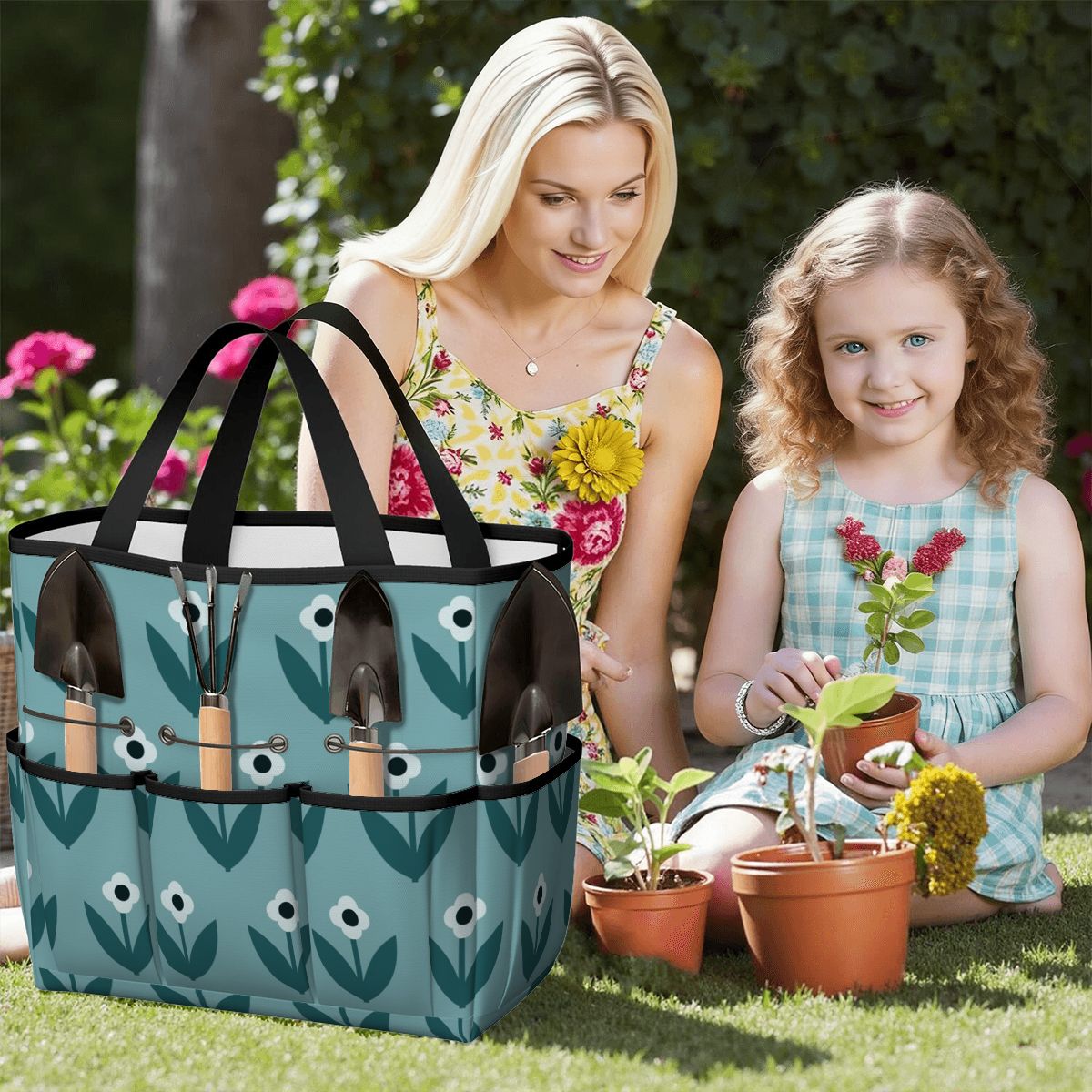 Scandinavian Teal Floral Mid Century Modern Garden Tool Bag - Mid Century Modern Gal