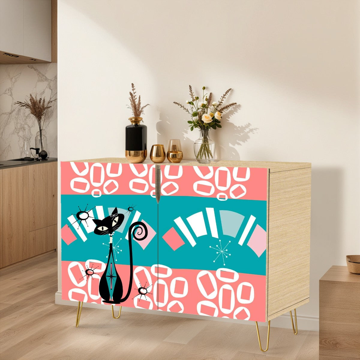 Mid Century Modern Side Board Credenza, Coral, Teal Atomic Age Wooden Storage Cabinet - Mid Century Modern Gal