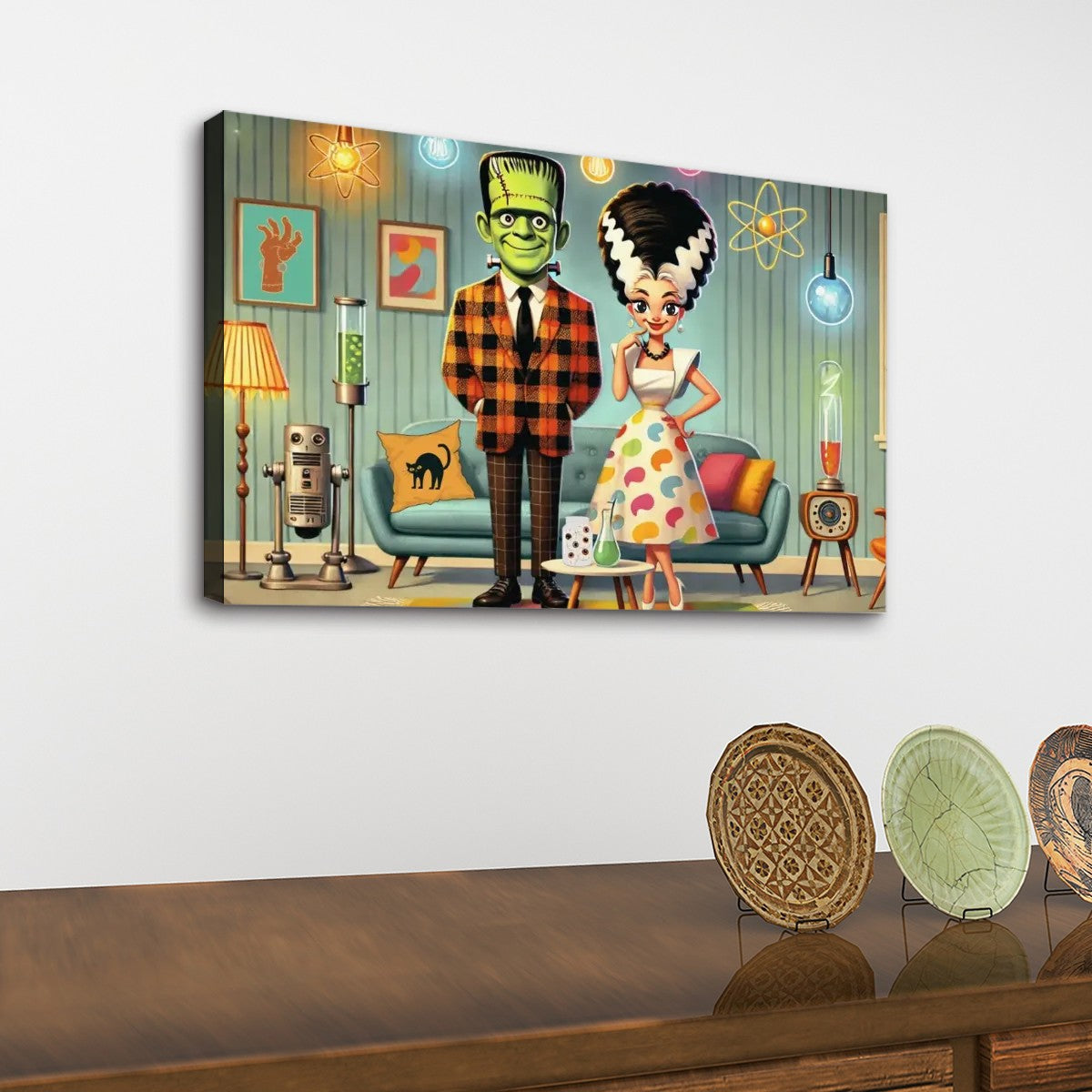 Frankenstein And Bride, Kitschy Retro Mid Century Modern Wall Art Canvas Print - Mid Century Modern Gal