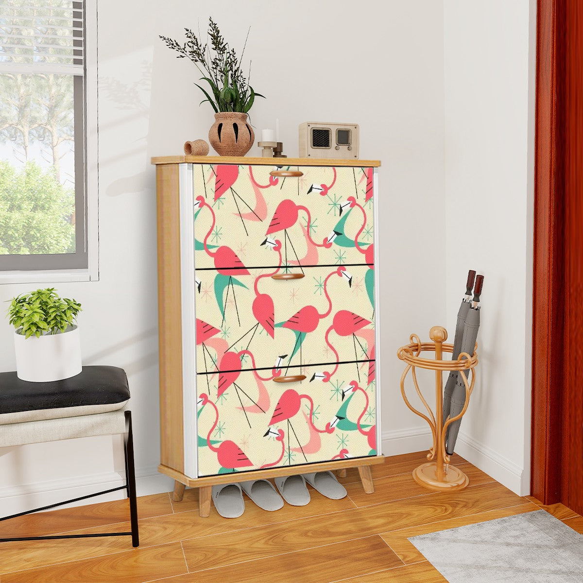 Mid Century Modern Shoe Cabinet Adorned in Kitschy Retro Dance Party Flamingos - Mid Century Modern Gal