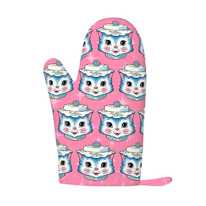 Mid Century Modern Kitschy Anthropomorphic Blue Cat with Floral Hat Silicone Oven Mitts and Pot Holders Sets (Right) - Mid Century Modern Gal