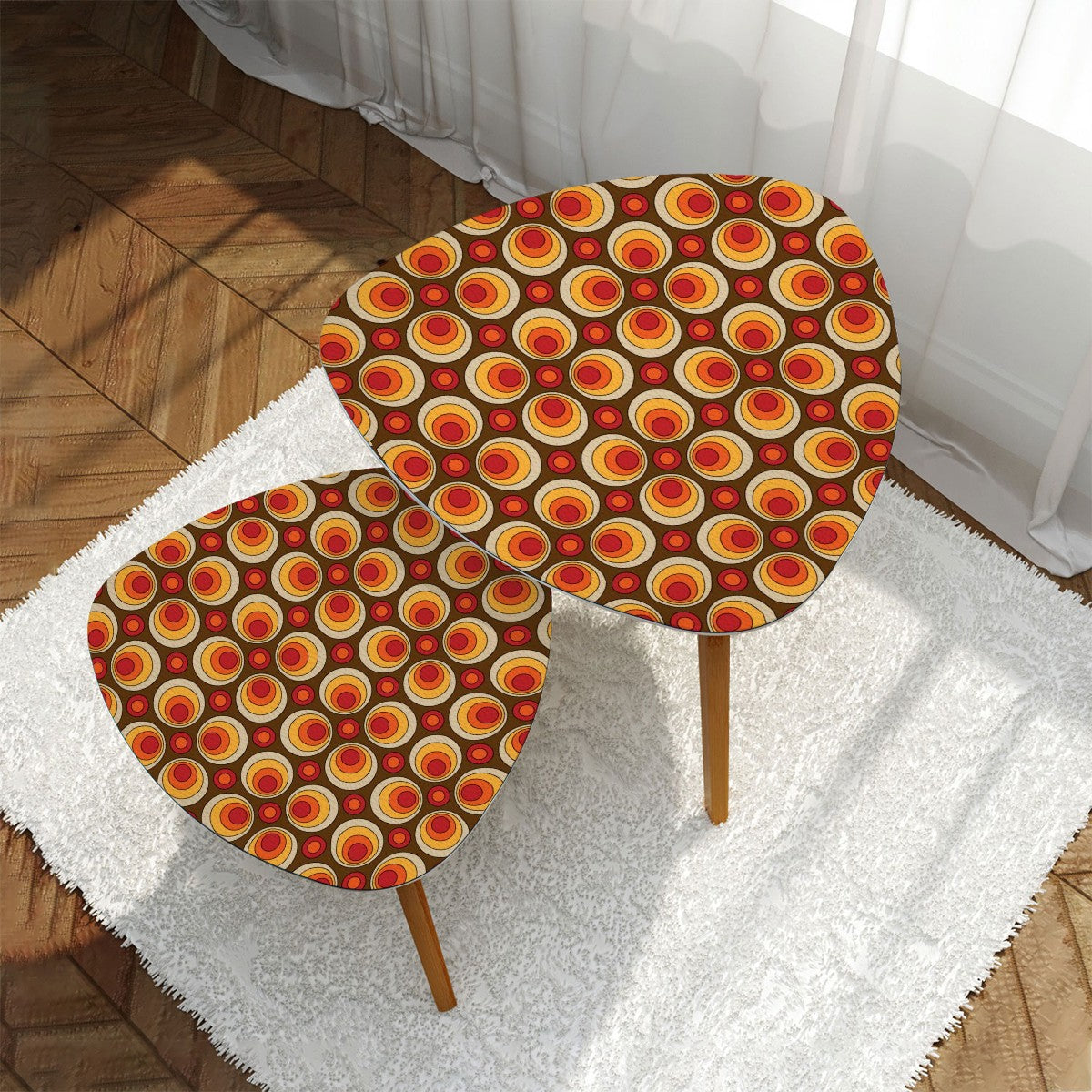 Retro Groovy Space Orbs, Mid Mod Orange Brown Yellow Hip Nesting Tables For MCM Living Room, Bedroom - Mid Century Modern Gal