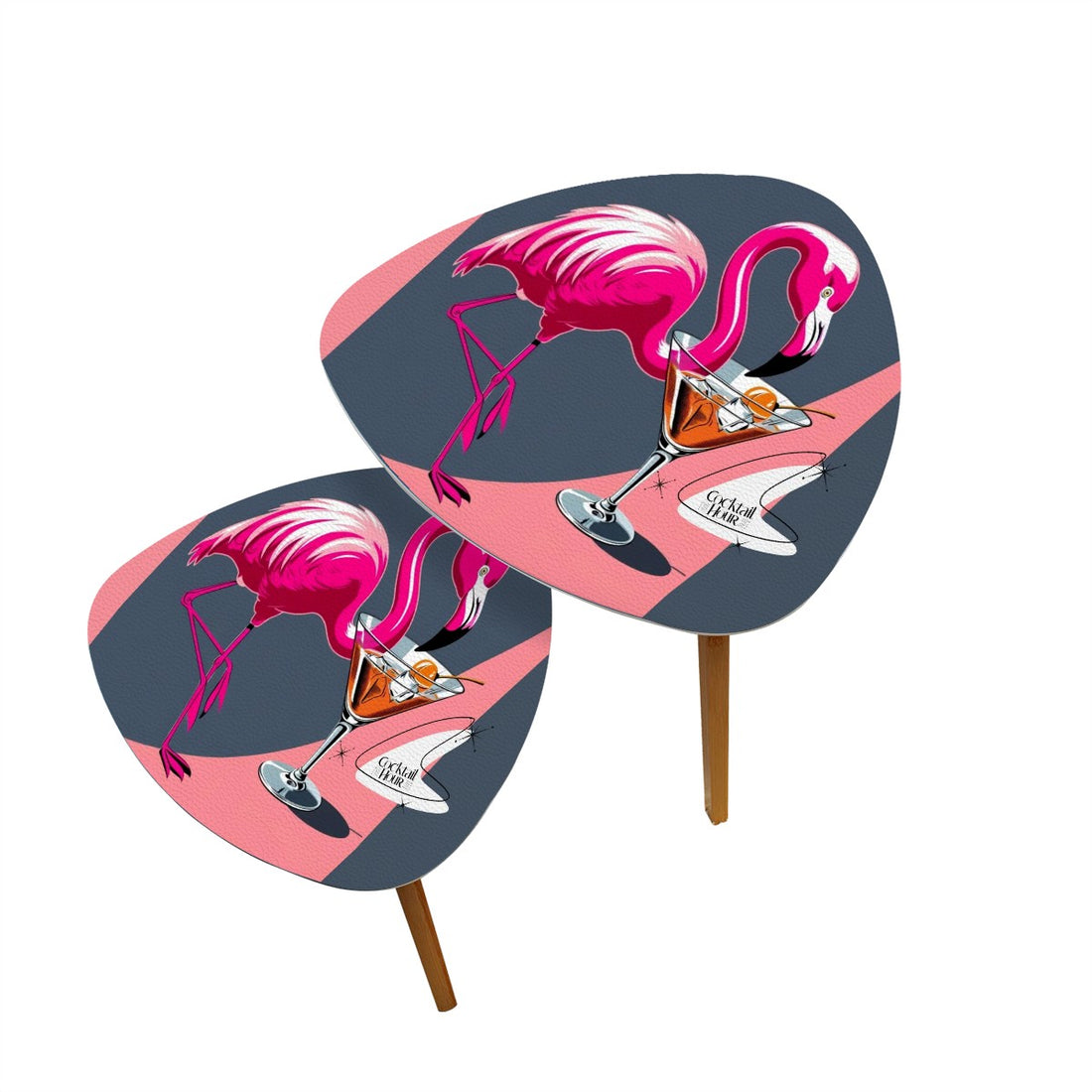Mid Century Modern Flamingo Nesting Tables, Cocktail Tables, Mid Century Modern Barware Triangle Coffee Table Set of 2 - Mid Century Modern Gal