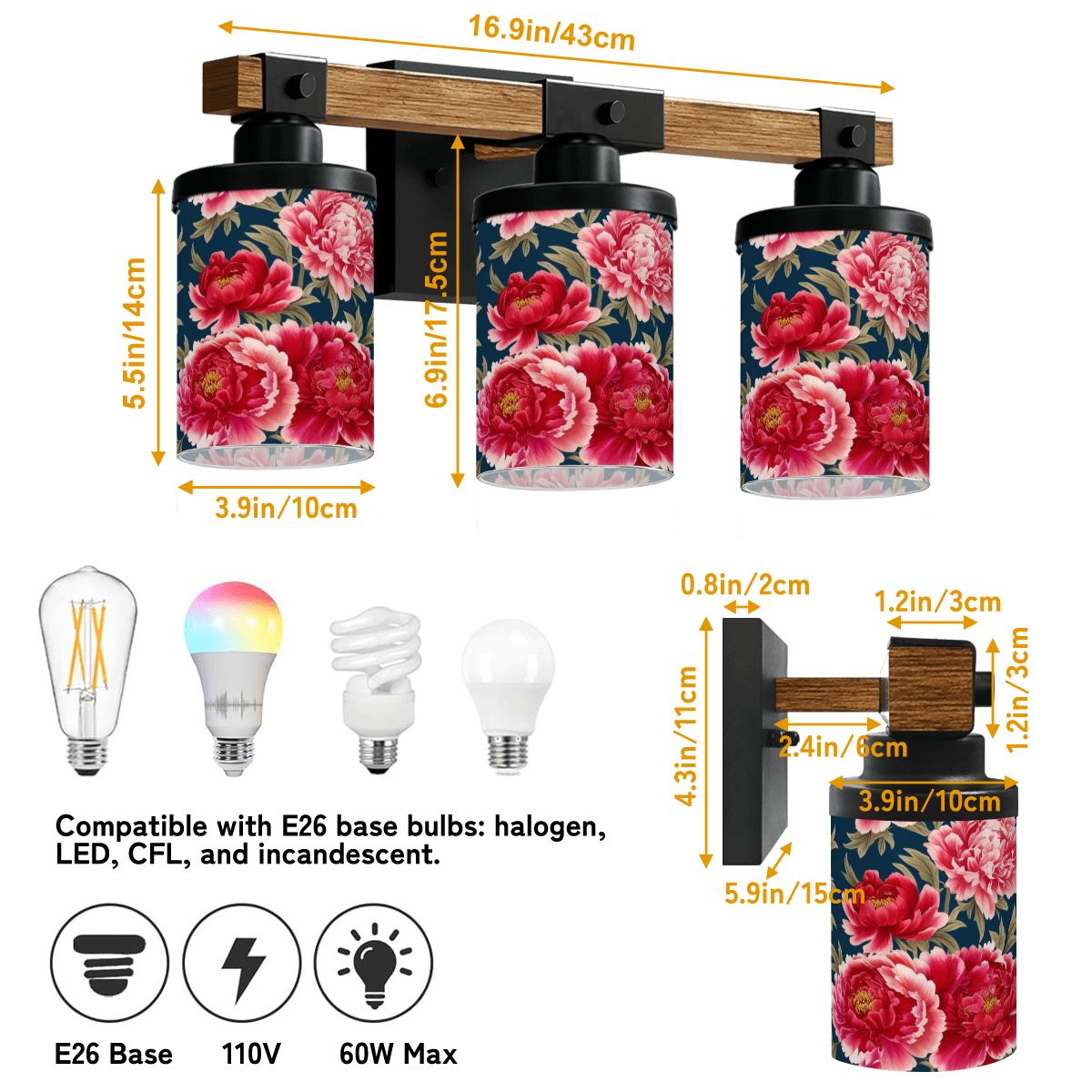 Chinoserie Blue Rose Floral Asian Inspired Vanity Light Fixture - Mid Century Modern Gal