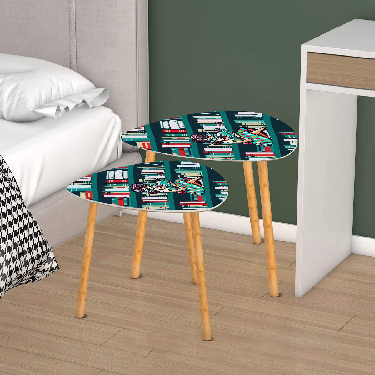 Mid Century Modern Office, Den, Retro Gal, Book Lover Triangle Coffee Table Set of 2 - Mid Century Modern Gal