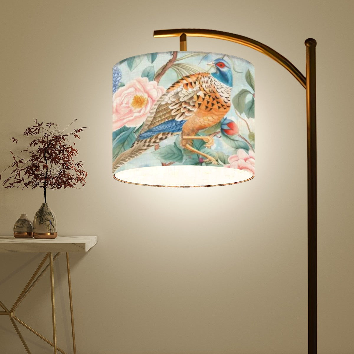 Chinoiserie Elegant Floral Pheasant Bird, Modern Floor Lamp With Remote