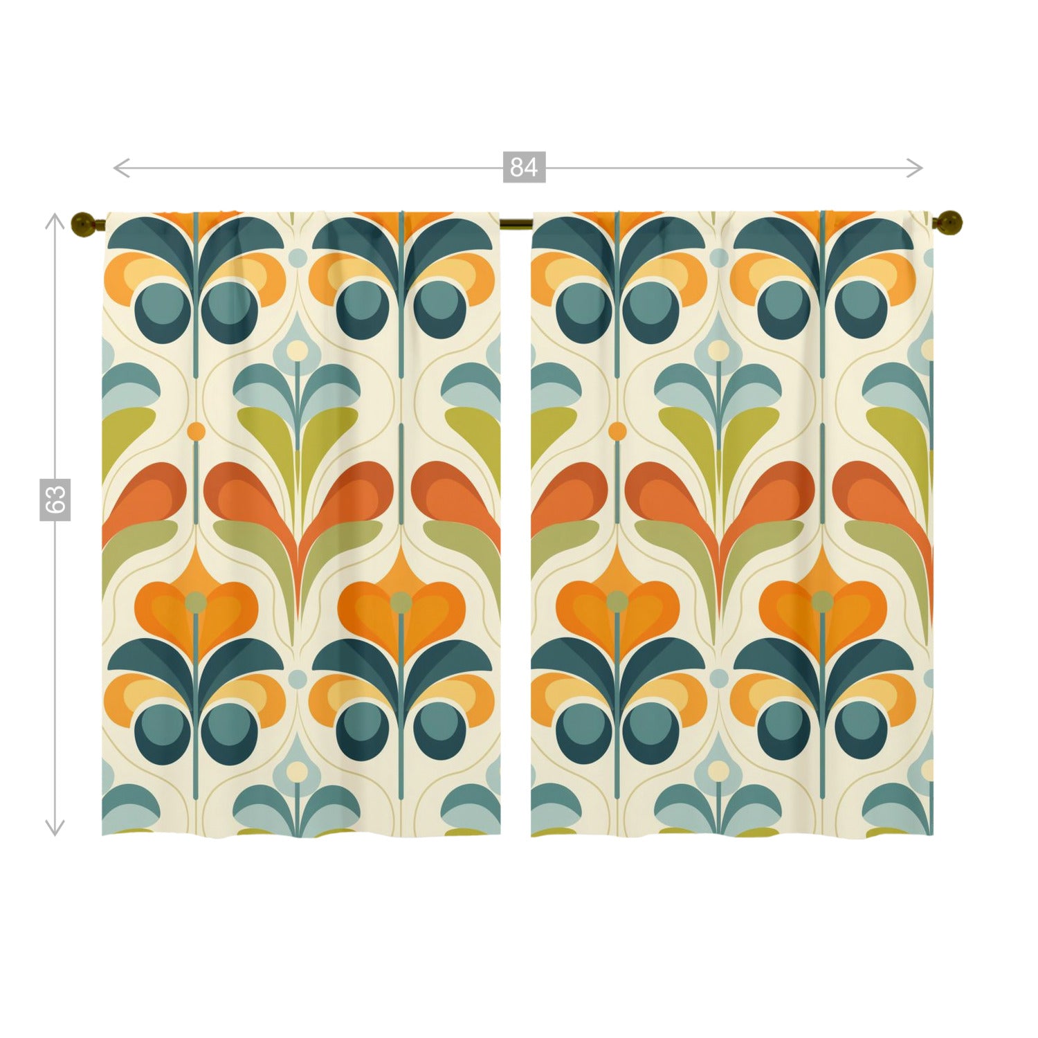 Scandinavian Flower Design, Orange, Green Blue Mid Century Modern Window Curtains (two panels) - Mid Century Modern Gal