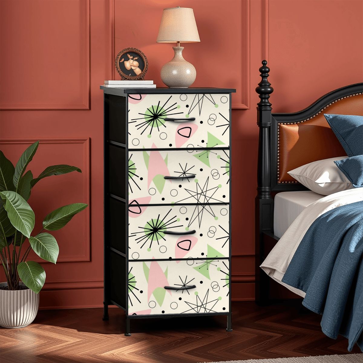 Mid Century Modern Atomic Starburst Vanilla White Pink Green 4-Drawer Dresser - Mid Century Modern Gal