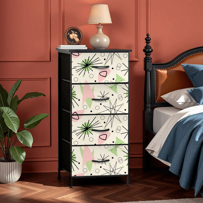 Mid Century Modern Atomic Starburst Vanilla White Pink Green 4-Drawer Dresser - Mid Century Modern Gal