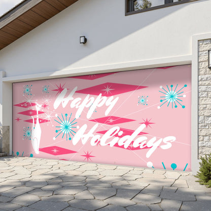 Atomic Cat Mid Century Modern Happy Holidays Christmas Garage Door Banner Backdrop - Mid Century Modern Gal