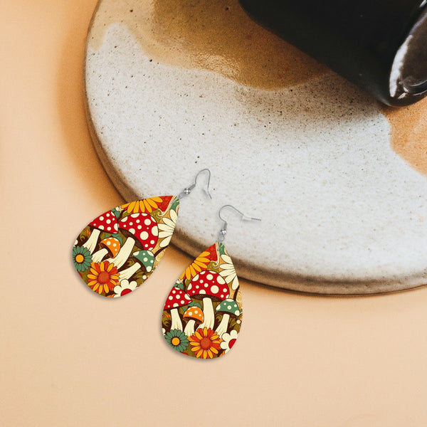 Retro 70s Merry Mushroom Groovy Vegan Leather Teardrop Earrings