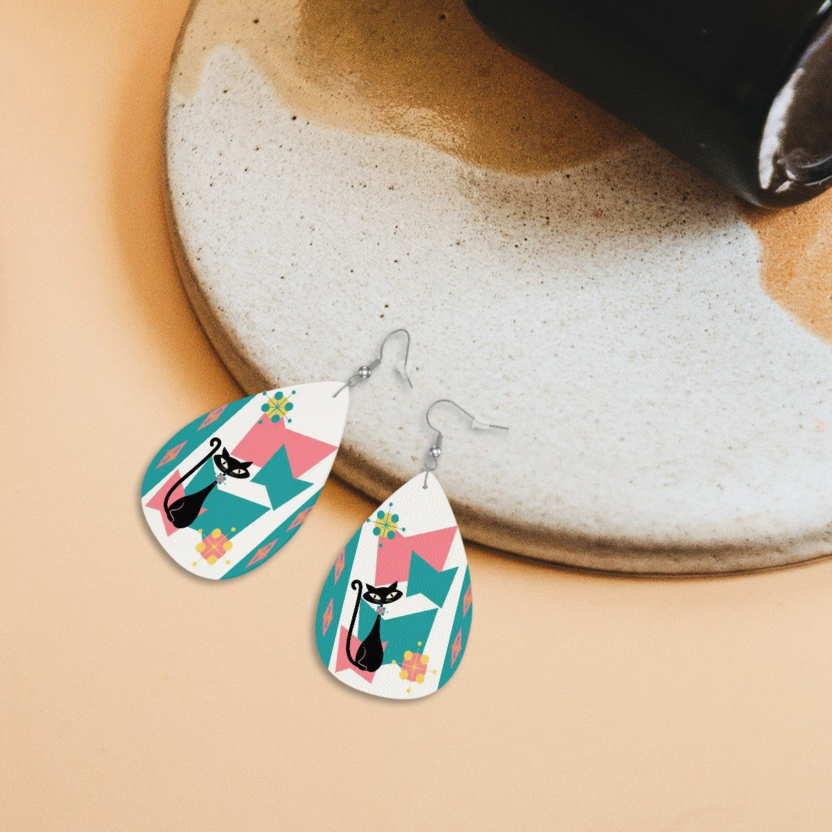 Atomic Kitschy Cat, Pink Teal Retro Vegan Leather Teardrop Earrings - Mid Century Modern Gal