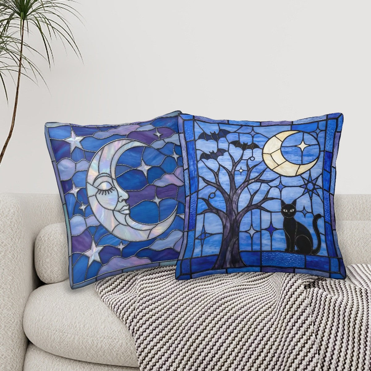 Halloween Stained Glass Style Black Cat and Crescent Moon Throw Pillow Covers Set of 2 - Covers Only