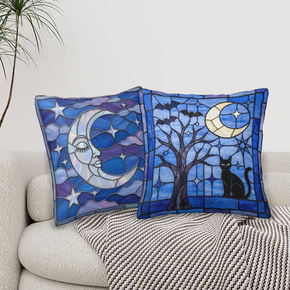 Halloween Stained Glass Style Black Cat and Crescent Moon Throw Pillow Covers Set of 2 - Covers Only