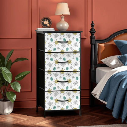 Mid Mod Minimalist, Franciscan Starburst White, Blue, Green Starburst 4-Drawer Dresser - Mid Century Modern Gal