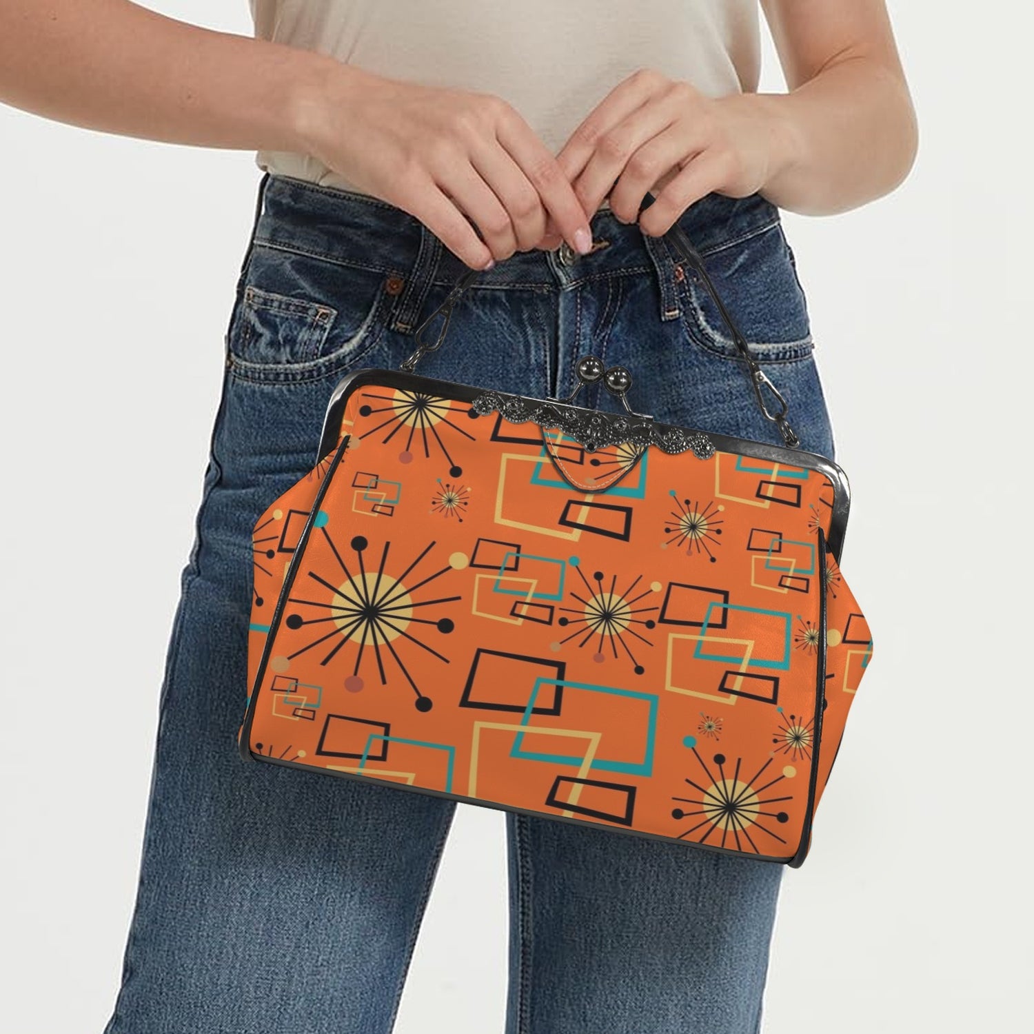 Mid Century Modern Sinatra Orange, Starburst, Geometric Funky Fun Kisslock Crossbody Purse - Mid Century Modern Gal