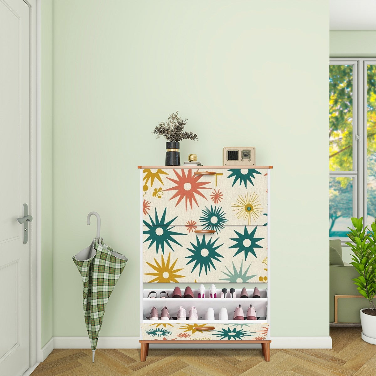 Atomic Starbursts Mid Century Modern Retro Shoe Cabinet - Mid Century Modern Gal