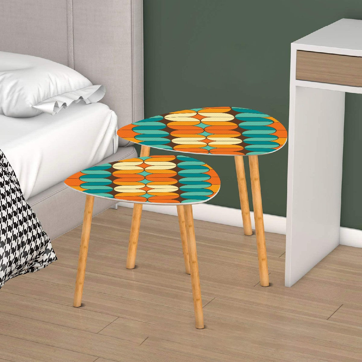 Mid Century Modern Nesting Tables, Orange Mod, Teal Geometric Designed Coffee Tables - Mid Century Modern Gal