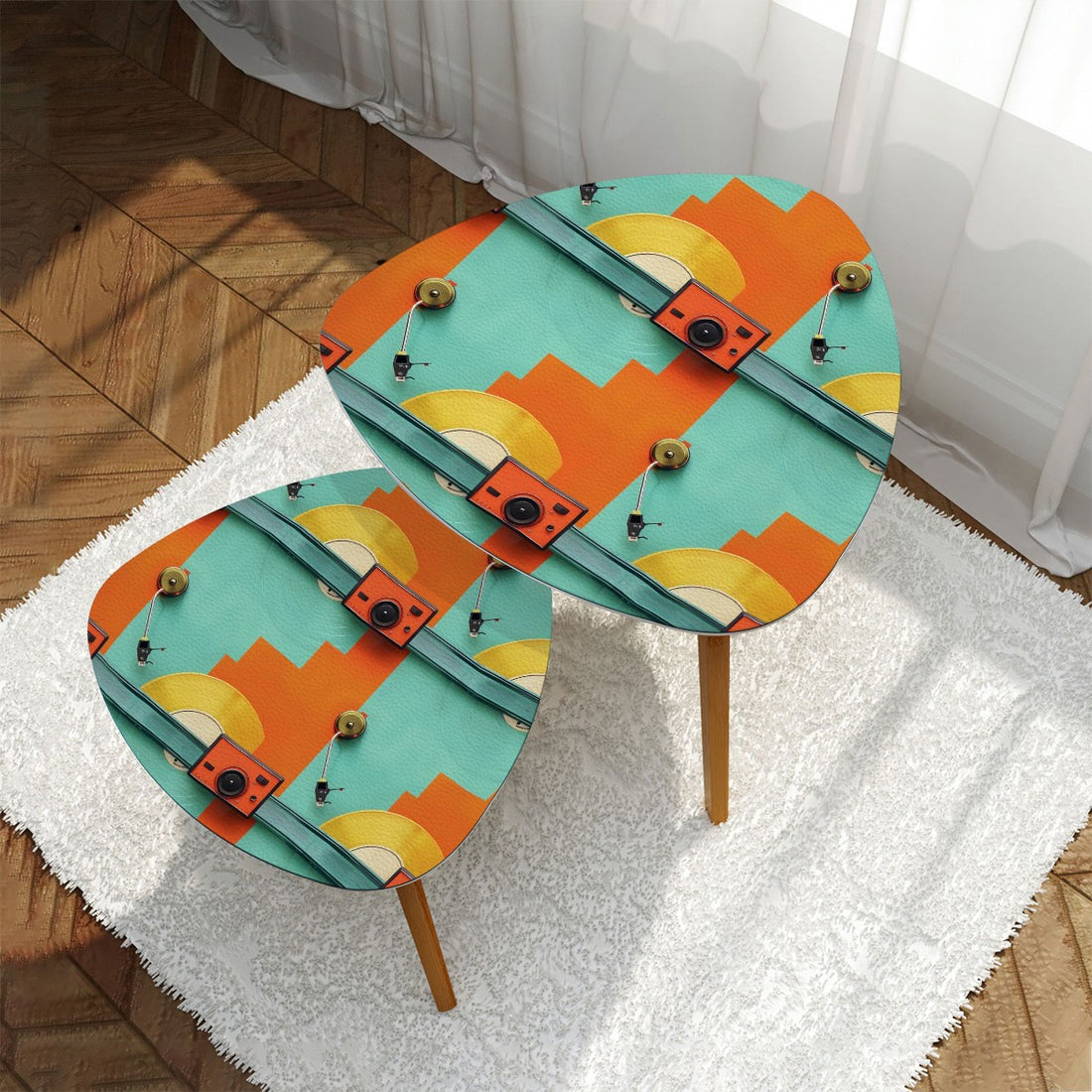 Mid Century Modern Orange, Teal, Retro Record Mod Nesting Tables